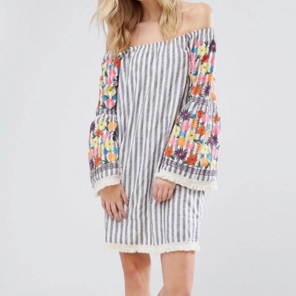 Velzera Striped Off Shoulder Vibrant Floral Embroidered Dress Spring Summer